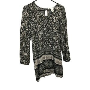 American Rag Top M Black White Paisley Boho‎ Blouse Long Sleeve Keyhole Casual
